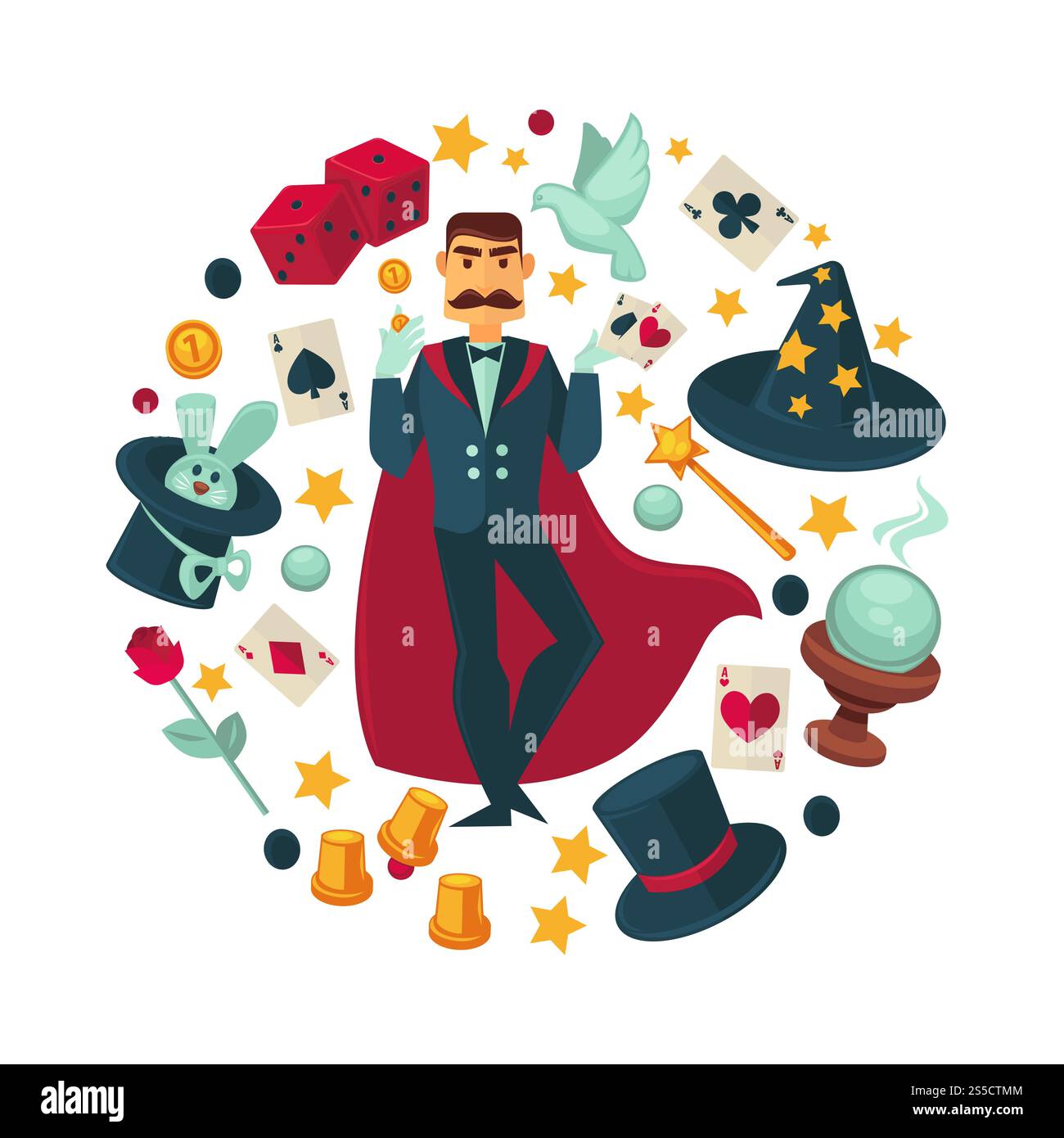 Mago in mantello rosso circondato da attrezzature per trucchi. Coniglio in cappello, colomba bianca, bacchetta magica, carte da gioco, dadi rossi, palla misteriosa, coppe gialle e illustrazioni vettoriali di rose fresche. Mago in mantello rosso circondato da attrezzature per trucchi Illustrazione Vettoriale