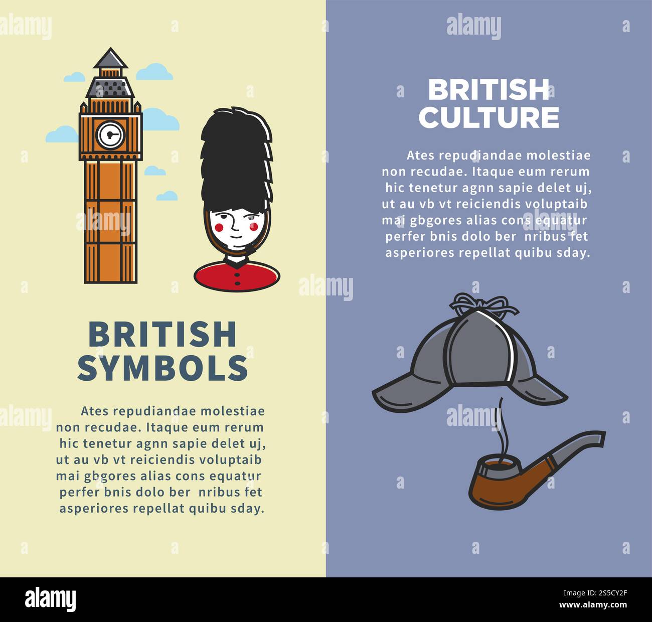 Cultura britannica e simboli su brochure verticali. Torre alta con orologio, guardia in uniforme, cappello e pipa Sherlock Holmes per illustrazioni vettoriali di fumetti isolati dal tabacco e testi di esempio. Cultura britannica e simboli su brochure verticali Illustrazione Vettoriale