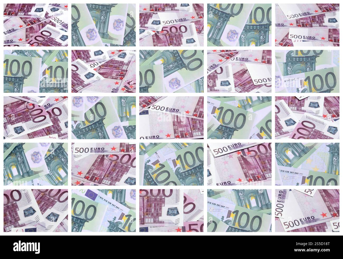 Un collage di molte immagini di centinaia di dollari ed euro bills giacente in una pila Foto Stock