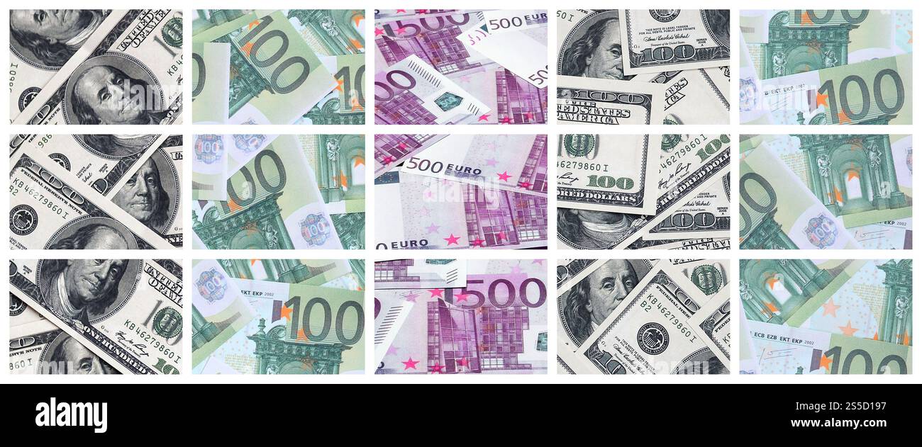 Un collage di molte immagini delle banconote in tagli da 100 e 500 euro giacente nella memoria heap Foto Stock