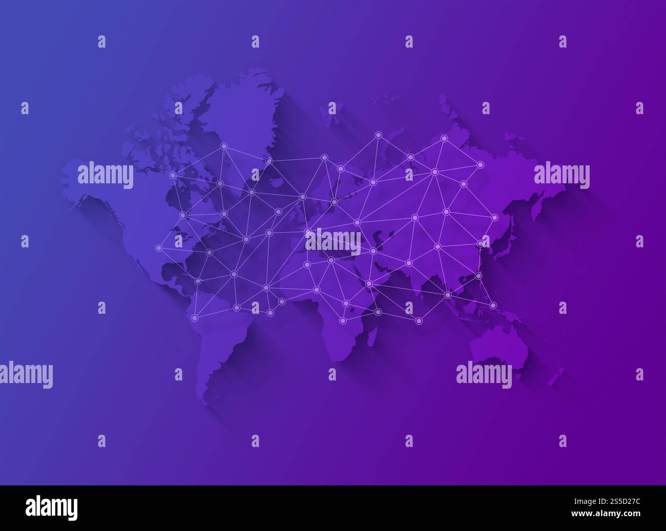 Mappa del mondo e illustrazione della rete digitale isolata su sfondo viola. Mappa del mondo e illustrazione della rete digitale su sfondo viola Foto Stock