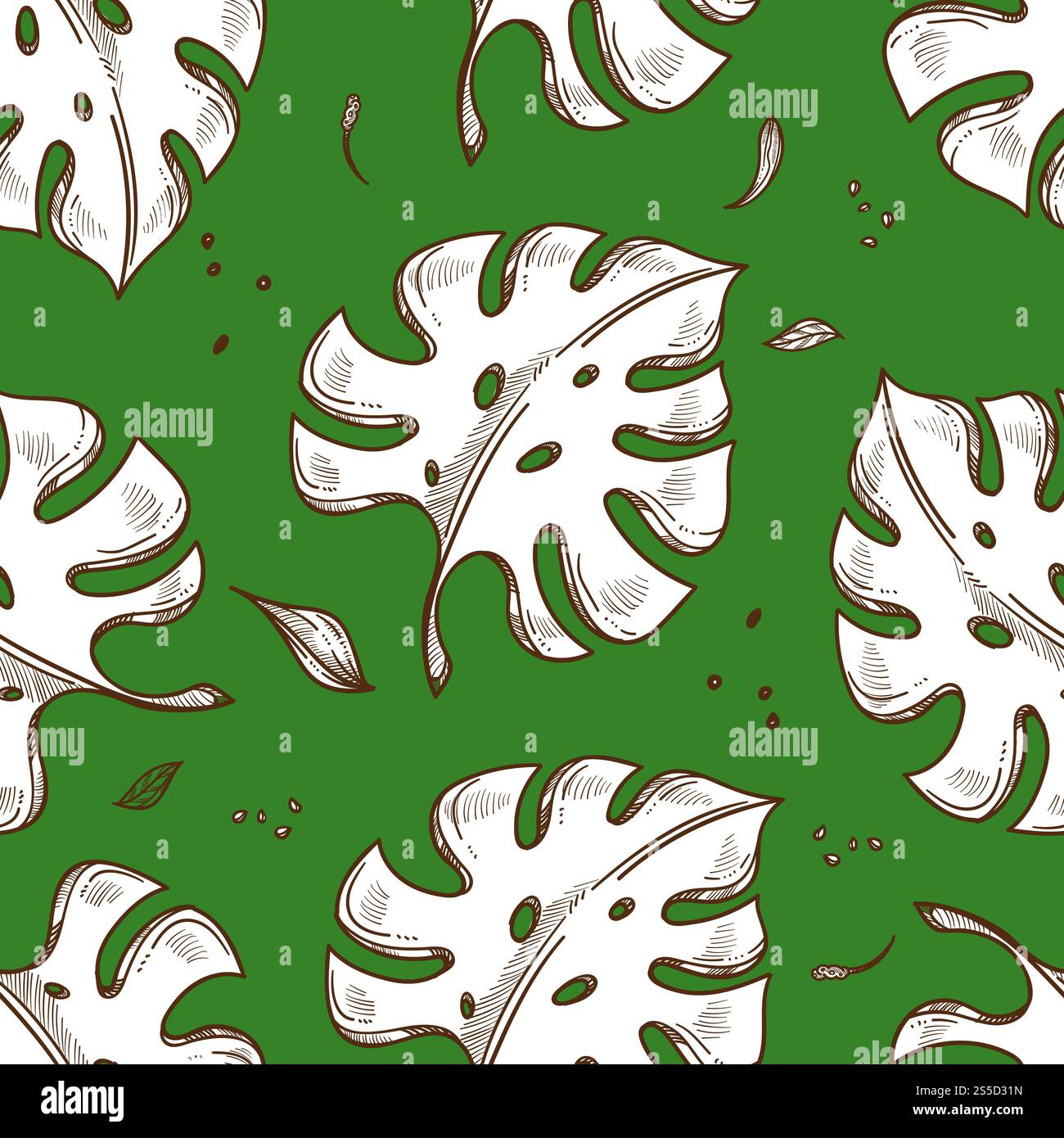 Sfondo per schizzi di foglie di palma tropicale senza cuciture. Design botanico vettoriale di foglie esotiche tropiche di monstera per lo sfondo stampa paradiso estivo della moda. Sfondo per schizzo con motivo vettoriale estivo senza cuciture con foglie di palma tropicali Illustrazione Vettoriale