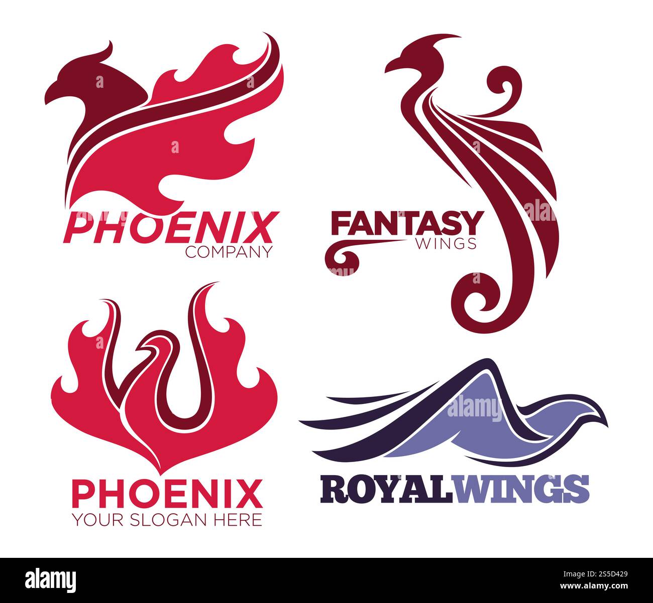 Modelli di logo per uccelli Phoenix o aquila fantasy impostati per aziende di sicurezza o innovazione. Icone vettoriali isolate del mitico simbolo delle ali sparse di firebird, fiamma phoenix per il design di linee aeree o tatuaggi. Modelli di logo per uccelli Phoenix o aquila fantasy impostati per aziende di sicurezza o innovazione. Illustrazione Vettoriale