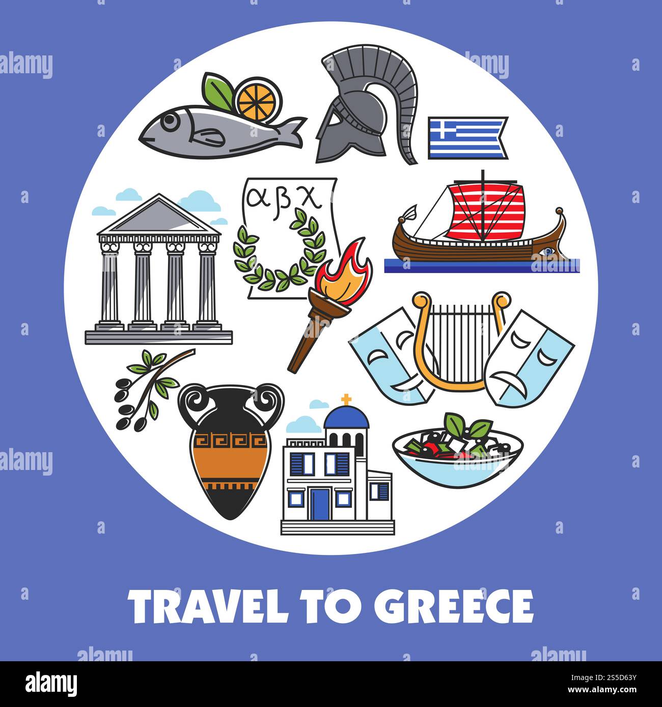 Poster promozionale viaggio in Grecia con simboli nazionali. Colonne antiche, anfore antiche, pesce fresco, maschere teatrali, barca in legno, elmetto dei gladiatori, ramo d'ulivo e illustrazioni vettoriali bianche della chiesa. Poster promozionale viaggio in Grecia con simboli nazionali Illustrazione Vettoriale