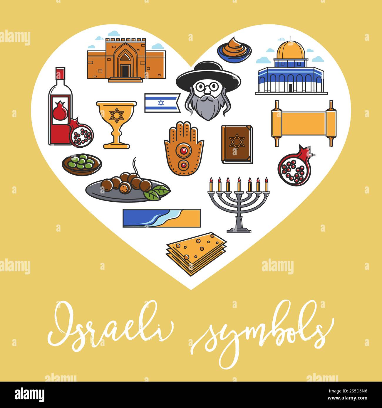 Luoghi di interesse turistico di Israele e famosi simboli poster del cuore. Bandiera israeliana vettoriale, candela Hanukah e tempio ebraico religioso o Torah e David Star, uomo con payot e cappello ebraico matzo e hummus. Israele viaggia simboli simbolo simbolo del vettore cardiaco Illustrazione Vettoriale
