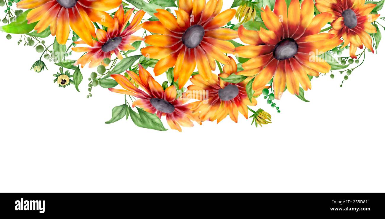 Fiori gialli con foglie aggraziate e centro scuro in un bouquet su una cartolina. Illustrazione digitale acquerello. Girasoli e rudbeckia isolati su Foto Stock