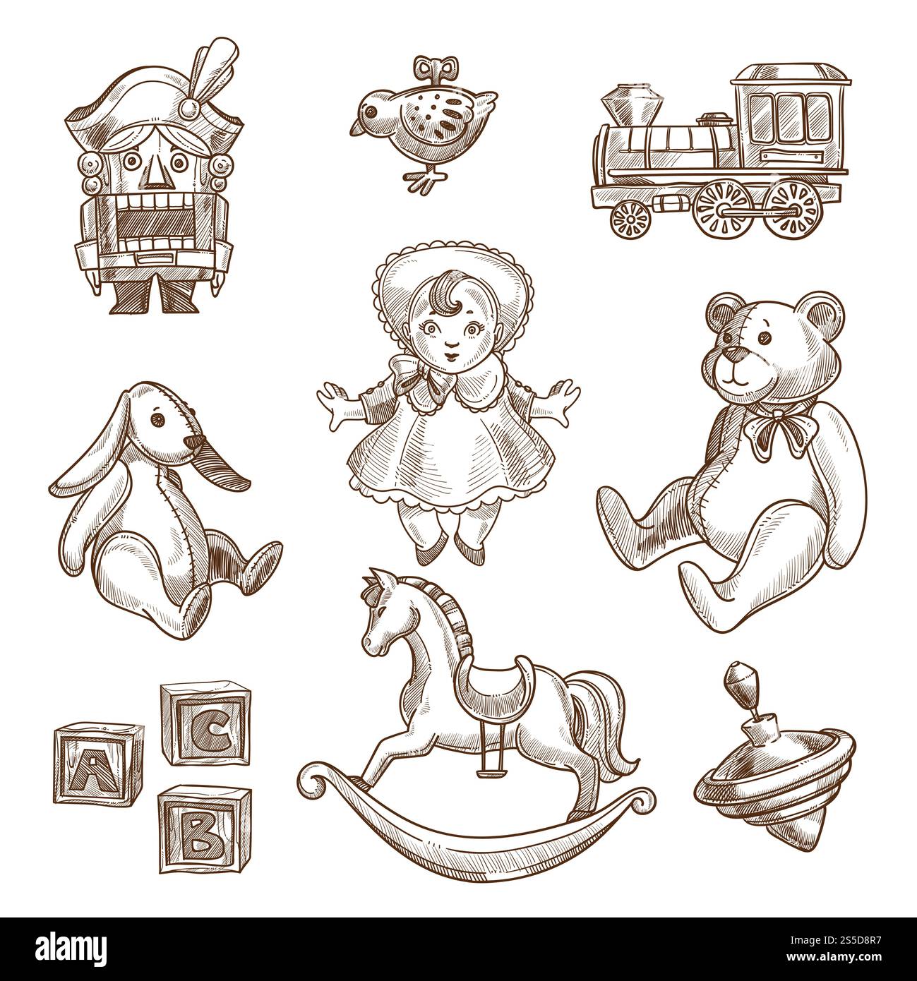 Giocattoli retrò disegnano una collezione di bambola o schiaccianoci d'epoca, altalena di cavallo e peluche o coniglietto. Icone vettoriali disegnate a mano con cubi dell'alfabeto e giochetti a forma di orologio, trenino giocattolo e top rotante. Set di icone vettoriali di schizzo dei giocattoli retrò Illustrazione Vettoriale