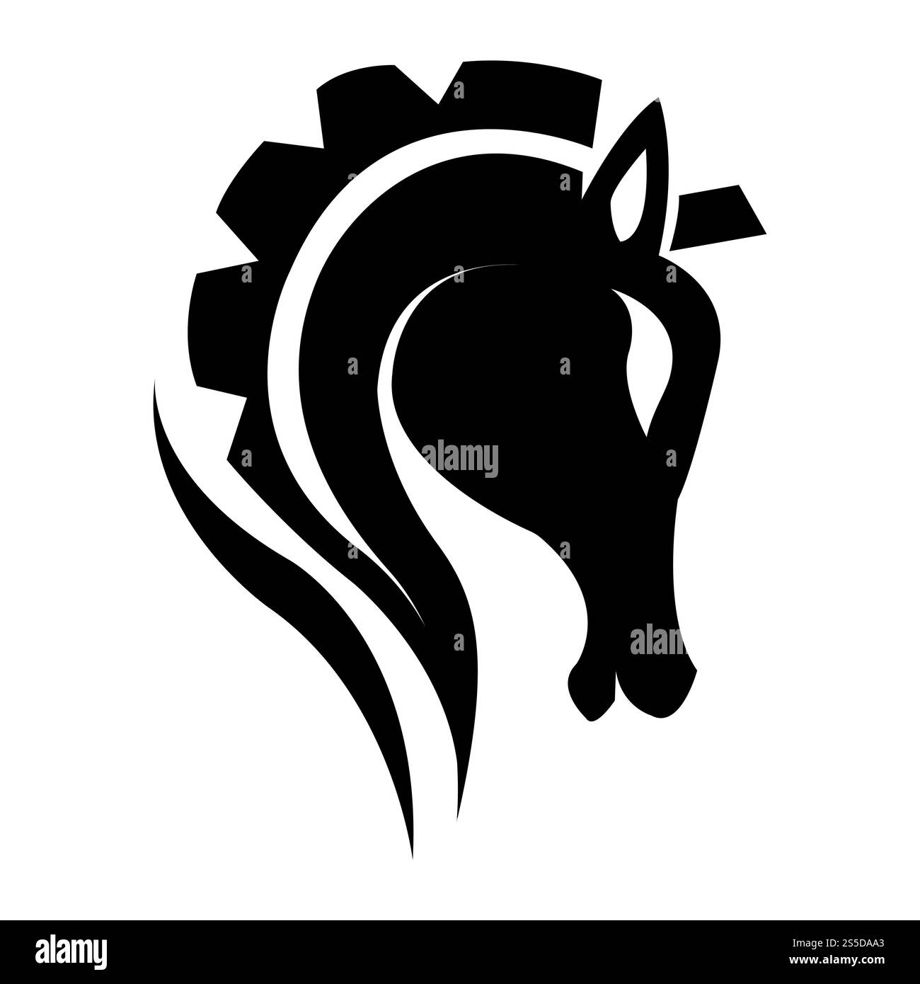 Modello logo silhouette cavallo. Forma a taglio vettoriale di mustang o testa di cavallo stallone con criniera per badge di club sportivo, tatuaggio o polo equestre. Icona vettoriale della silhouette della testa di cavallo Illustrazione Vettoriale