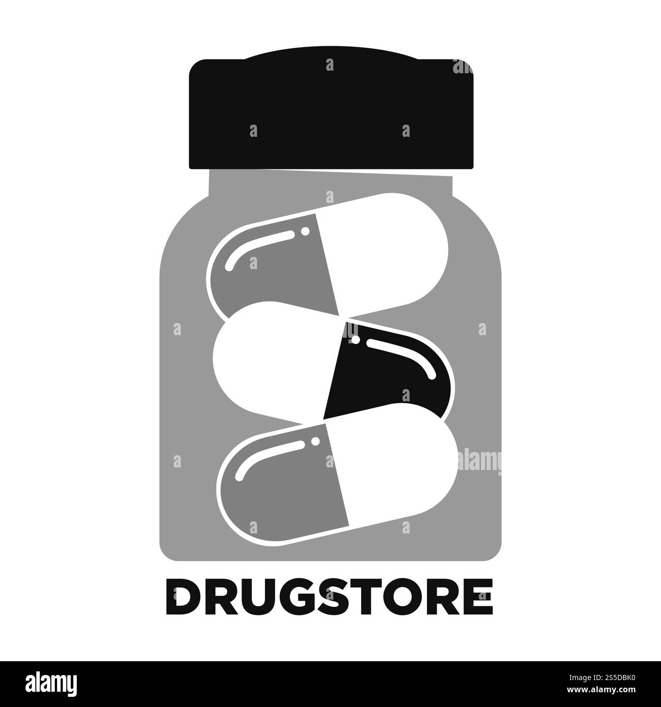Emblema promozionale monocromatico della farmacia con vasetto di capsule. Pillole sane in contenitore trasparente su logotipo scuro commerciale della farmacia illustrazione vettoriale piatto fumetto isolato su sfondo bianco.. Emblema promozionale monocromatico della farmacia con vasetto di capsule Illustrazione Vettoriale