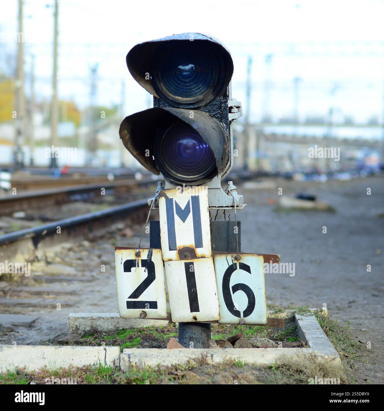 Semaforo ferroviario sullo sfondo di un paesaggio ferroviario diurno. Dispositivo di segnalazione sul binario ferroviario. Semaforo con blu acceso Foto Stock