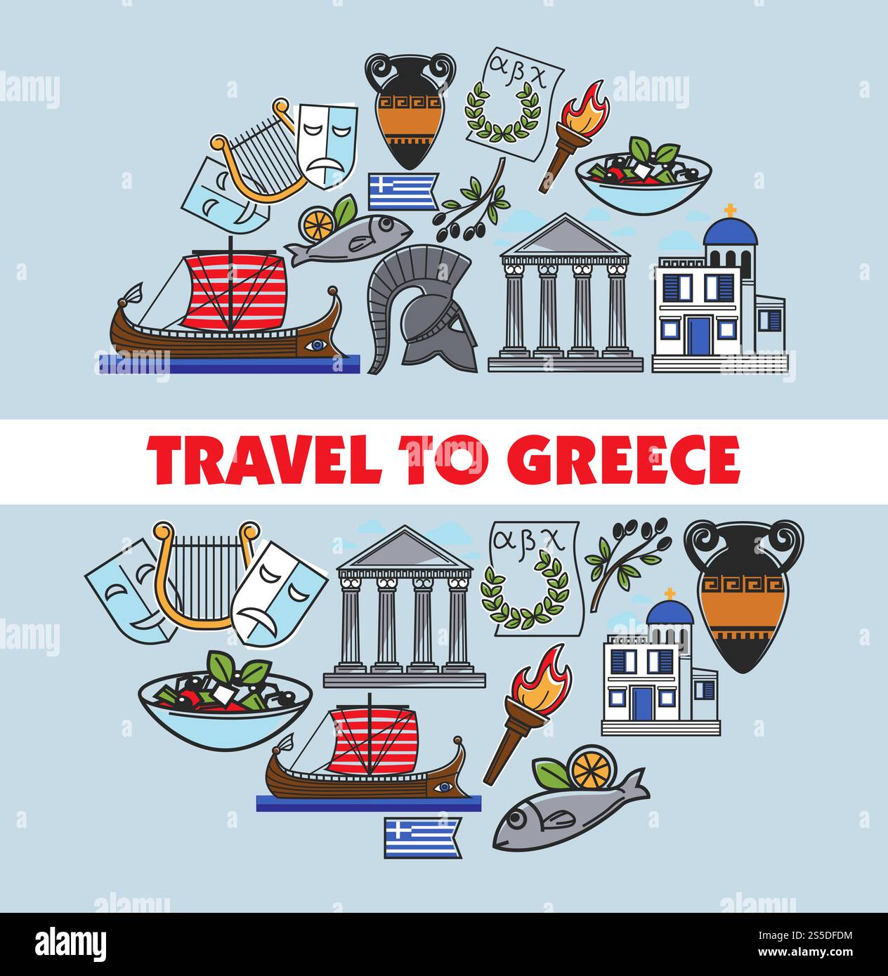 Simboli di viaggio della Grecia e cultura greca famosi monumenti e poster. Disegno vettoriale della bandiera greca, acropoli del Pantheon di Atene, casco spartano, edificio di Santorini o olio d'oliva e arpa. Simbolo simbolo di viaggio della Grecia poster vettoriale Illustrazione Vettoriale