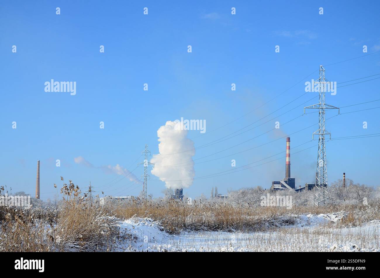 Lo stabilimento industriale si trova dietro il terreno paludoso, coperto di neve. Grande campo di proiettili gialli Foto Stock