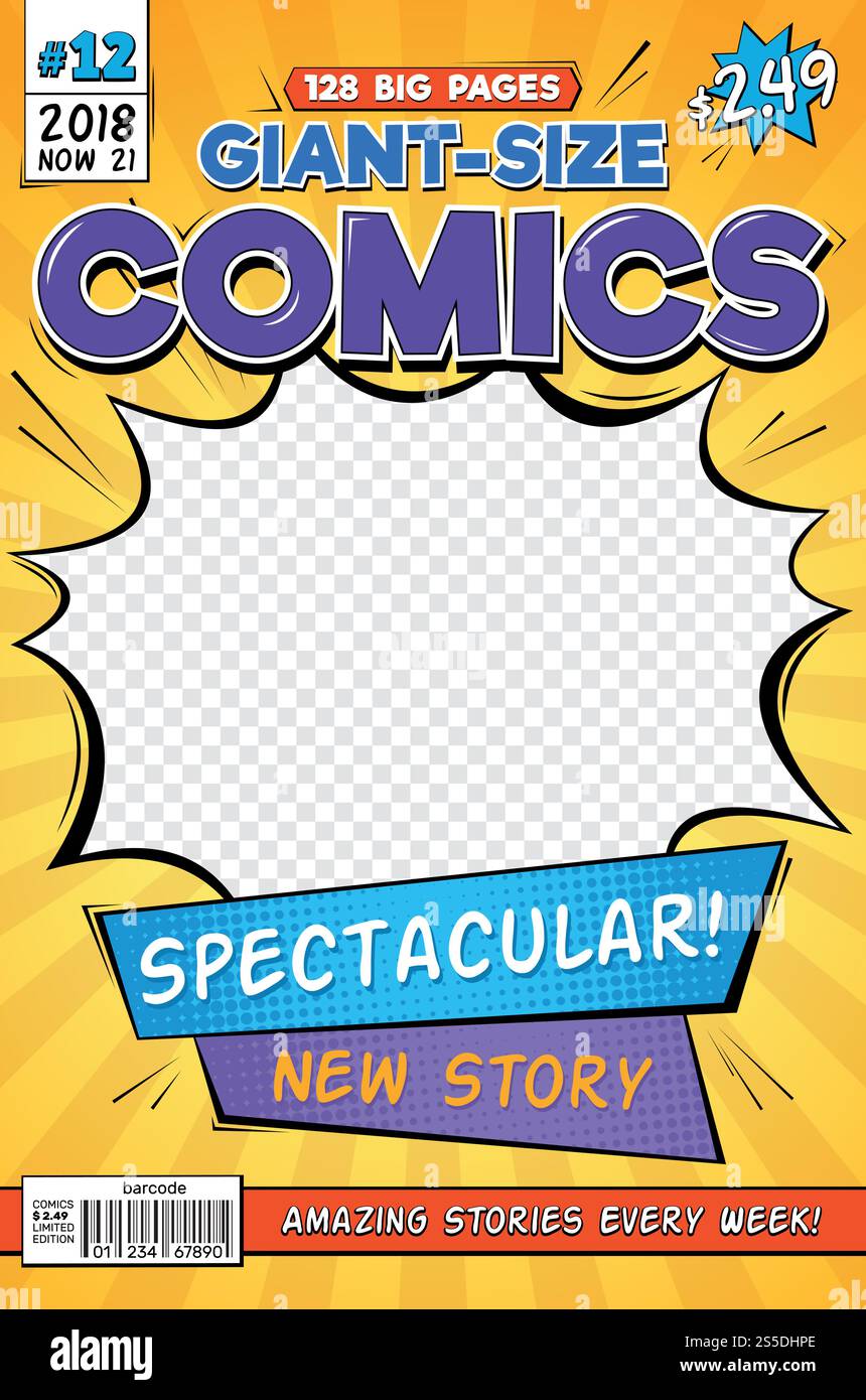 Copertina dei fumetti. Layout di riviste di fumetti vintage. Modello vettoriale della pagina del titolo del cartone animato. Fumetti e illustrazione di riviste di prima pagina. Copertina dei fumetti. Layout di riviste di fumetti vintage. Modello vettoriale della pagina del titolo del cartone animato Illustrazione Vettoriale