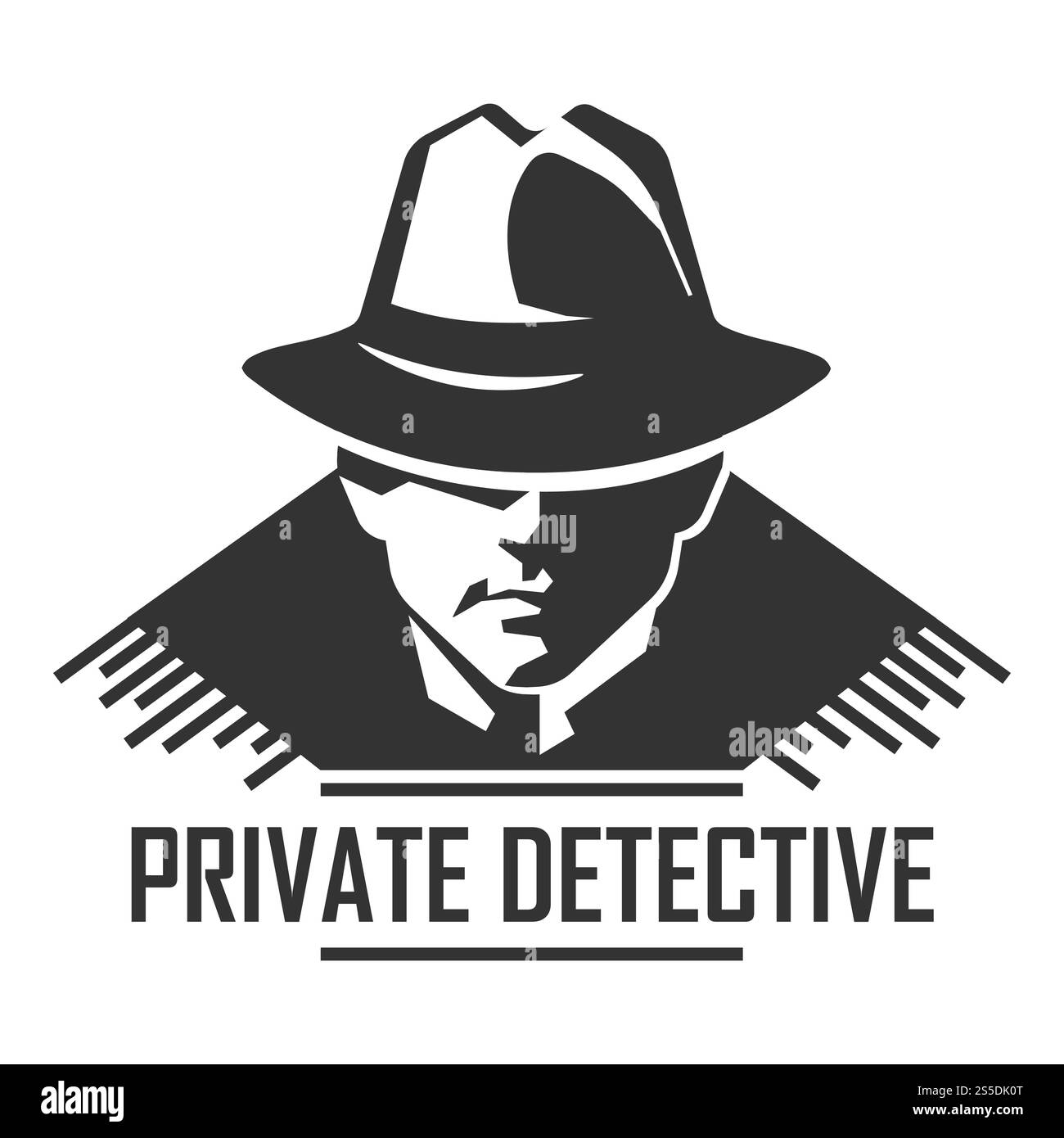 Logo investigativo privato dell'uomo vettoriale in cappello per l'agenzia di servizi investigativi o agente segreto di spionaggio. Icona dell'agenzia di spionaggio vettoriale investigativa privata Illustrazione Vettoriale
