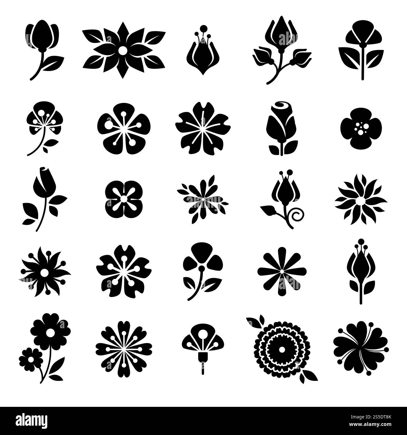 Icone sagome floreali. Boccioli vettoriali di rosa, narciso narciso narciso o tulipano e giglio,. Fioriere fiorisce icone vettoriali Illustrazione Vettoriale