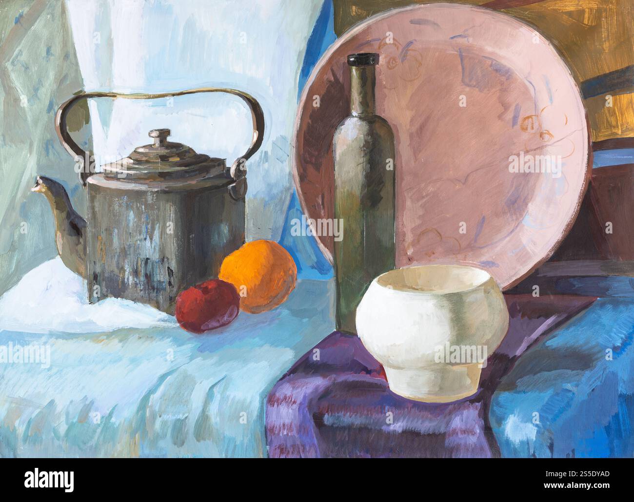 ancora vita con vecchio bollitore, bollitore e pentola dipinta a mano con vernici tempera su carta Foto Stock