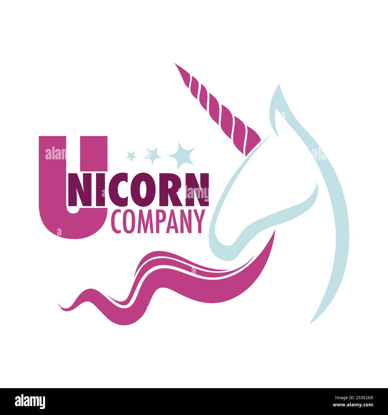 Logo aziendale Unicorn con cavallo mitico bianco con silhouette a corno. Icona della promozione business con insegna e fantastica testa di animale. Immagine vettoriale del cartoni animati isolata del modello di emblema dell'organizzazione. Logo dell'azienda Unicorn con cavallo mitico bianco Illustrazione Vettoriale
