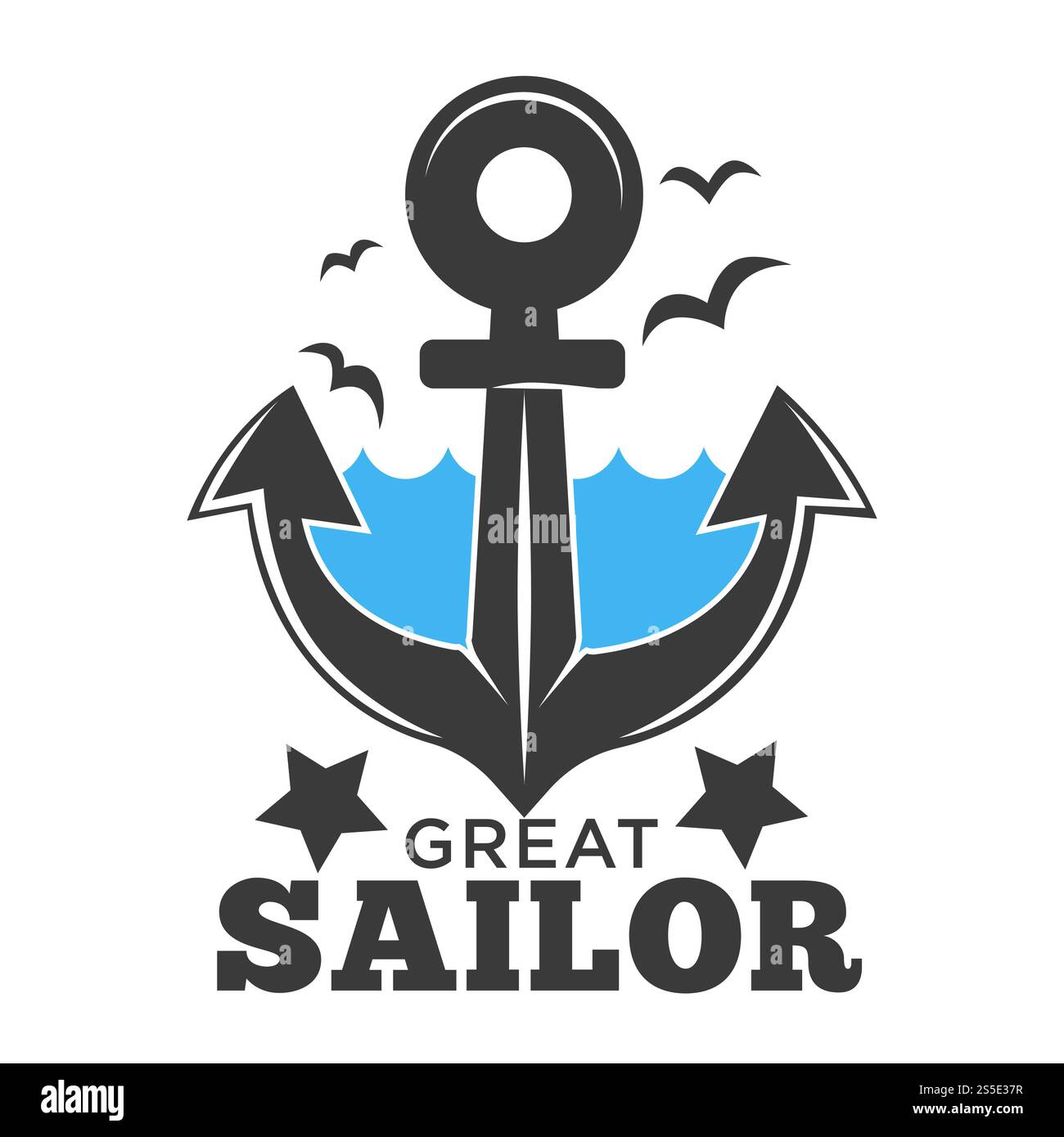 Ottimo mare marinaio e poster di ancoraggio con testo vettoriale. Uccelli volanti gabbiano sopra le onde dell'oceano o del mare. Grande ancoraggio in acciaio con foro per il fissaggio di funi e catene, stabilità sulle stelle della nave. Ottimo mare marinaio e poster di ancoraggio con testo vettoriale Illustrazione Vettoriale