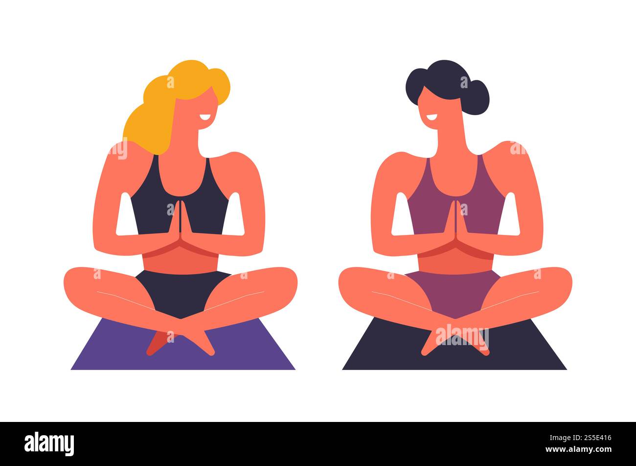 Esercizi di yoga e pratica di amici femminili vettore. Asana e posa, tenendo in forma insieme, stile di vita sano delle donne sedute su tappeti sportivi. Donne sorridenti che indossano abiti felici di essere in forma. Esercizi di yoga e pratica di amici femminili vettore Illustrazione Vettoriale
