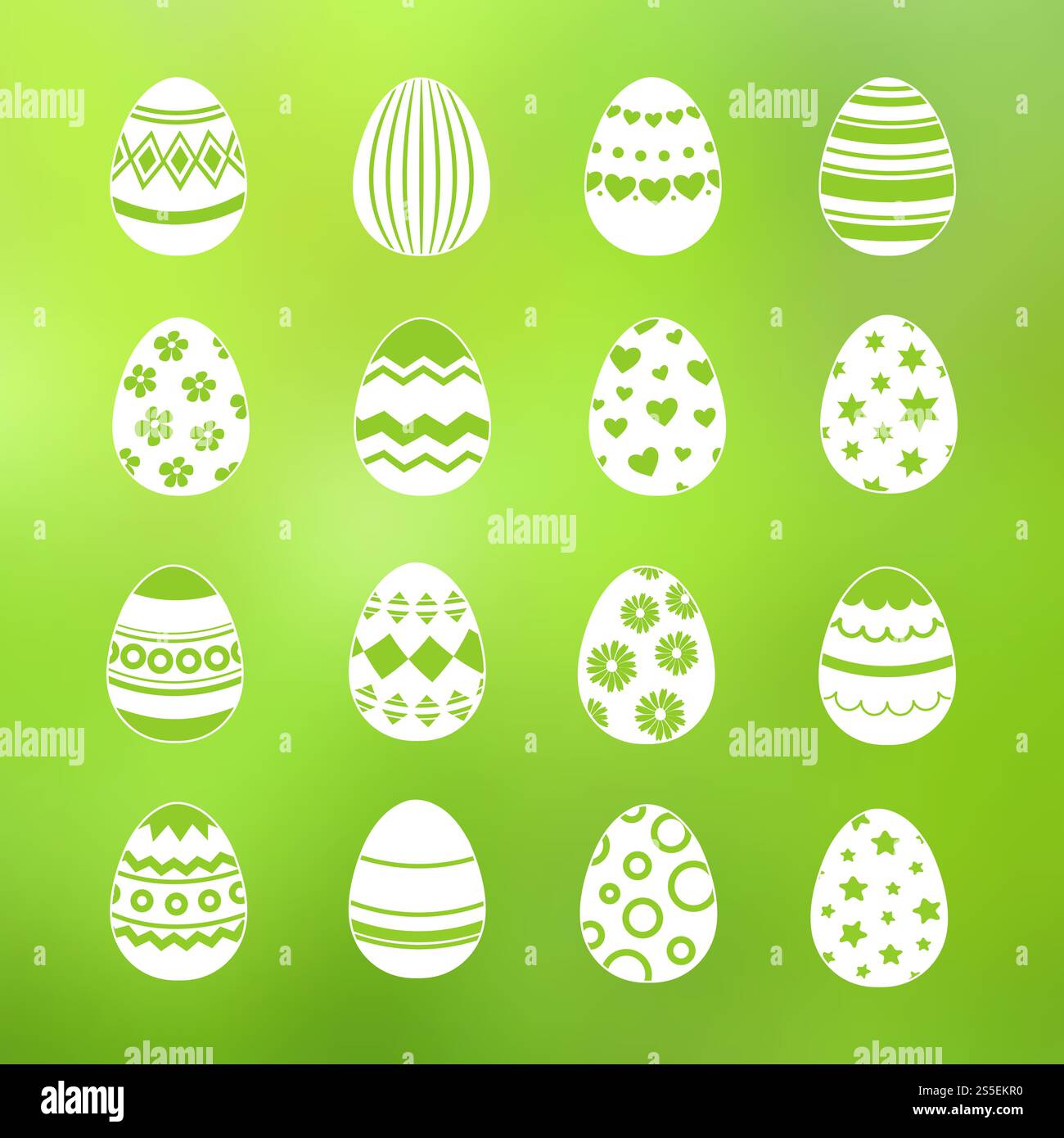 Uova decorative primaverili della collezione vettoriale set isolate su sfondo verde. Uova decorative primaverili della collezione vettoriale Set Illustrazione Vettoriale