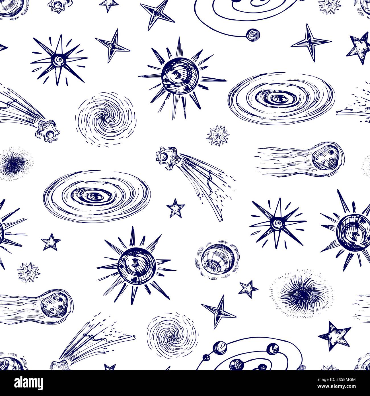 Elementi spaziali, pianeti, stelle, asteroidi pattern senza cuciture. Pianeta spaziale e asteroide, cometa in galassia. Illustrazione vettoriale. Elementi spaziali, pianeti, stelle, asteroidi pattern senza cuciture Illustrazione Vettoriale