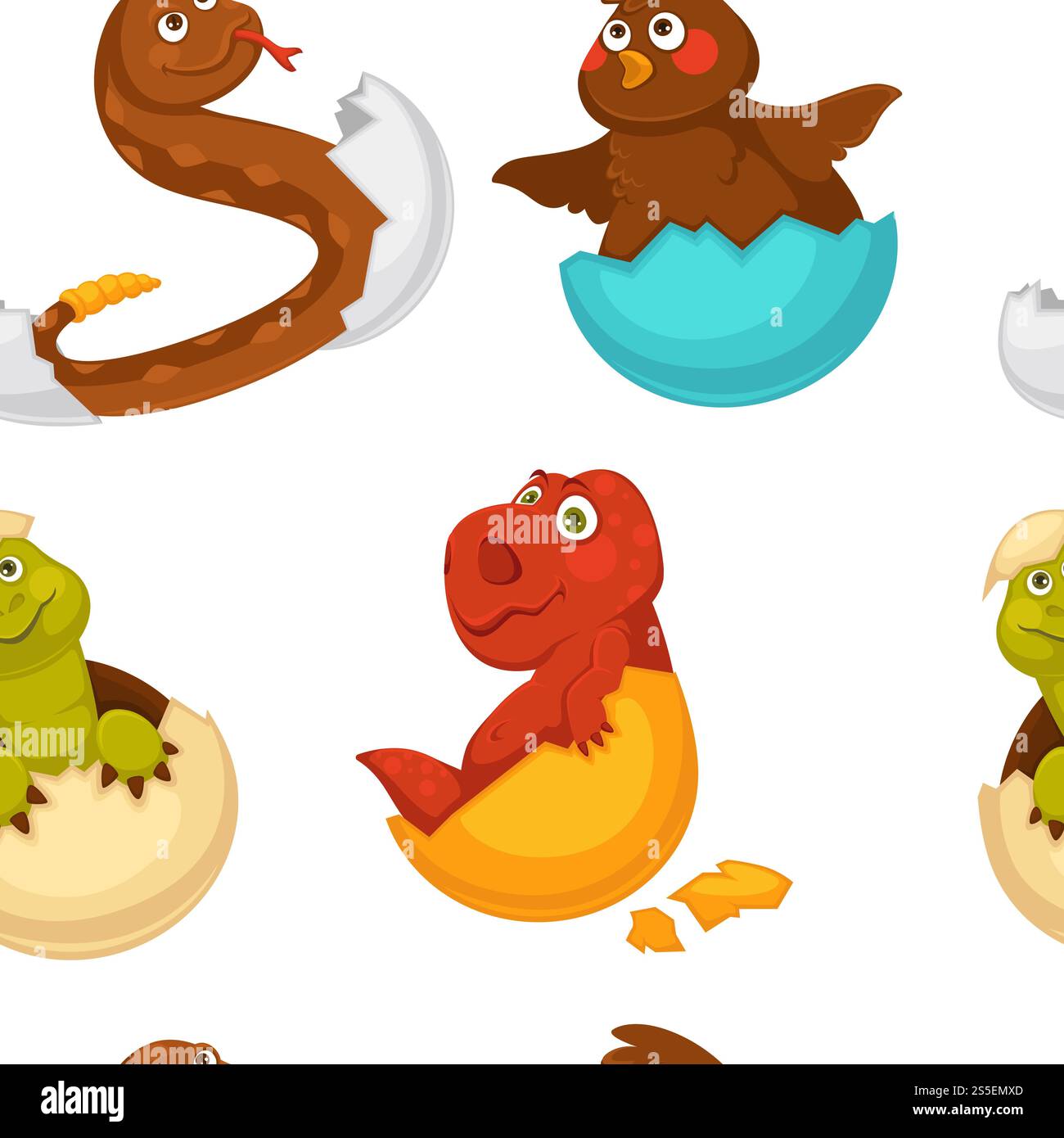 Animali nati da uova, gusci d'uovo e rettili vettori di pattern senza cuciture. Pollo soffice, pinguino e drago, serpente e alligatore seduti nel guscio. Piccole creature appena nate, serpente e galline che si schiudono. Animali nati da uova, gusci d'uovo e rettili vettori di pattern senza cuciture. Illustrazione Vettoriale