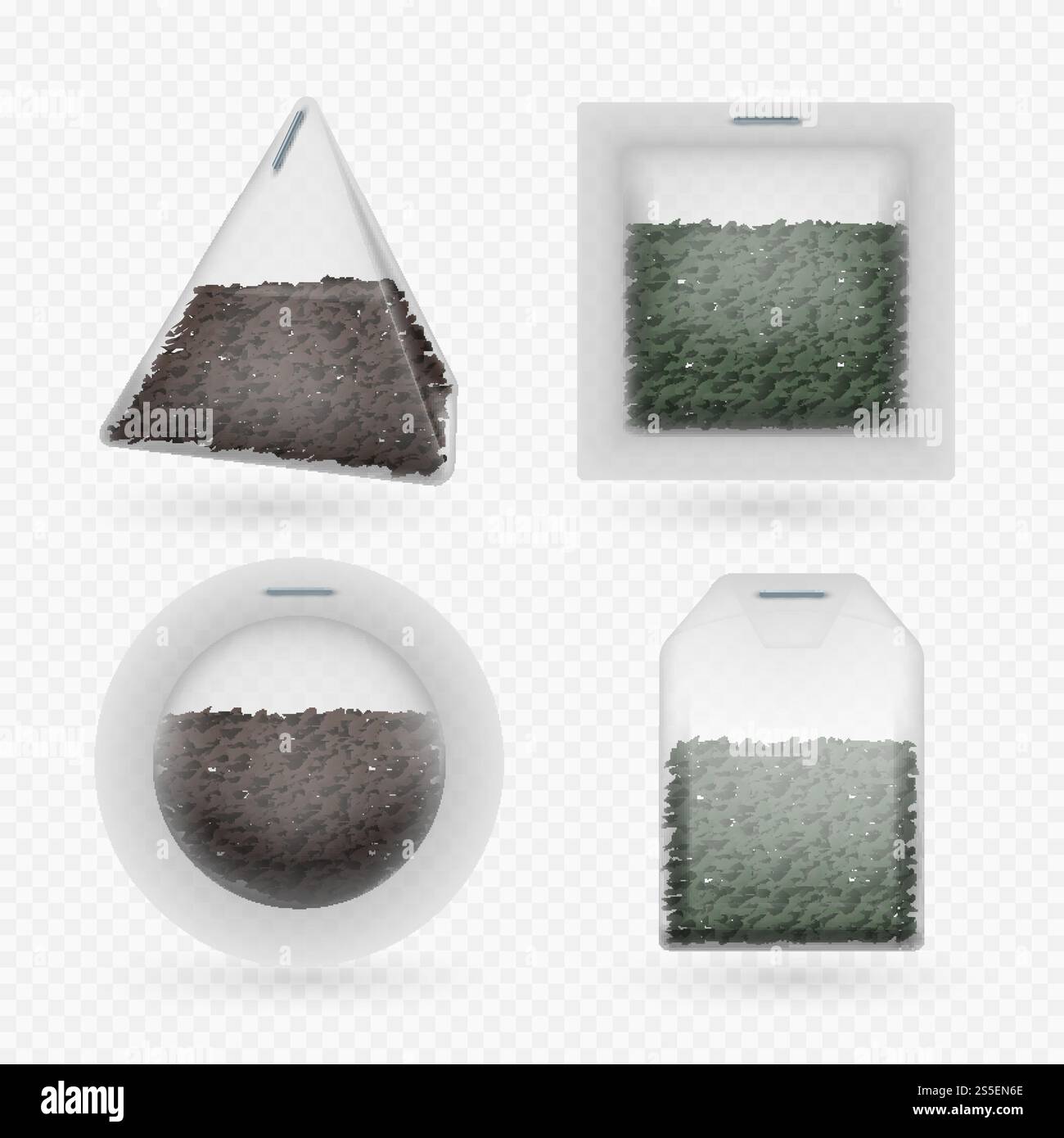 Bustine di tè vettoriali con tè nero e verde isolato su sfondo trasparente. Set di teabag per illustrazione di bevande biologiche e teatime. Bustine di tè vettoriali con tè nero e verde isolato su sfondo trasparente Illustrazione Vettoriale
