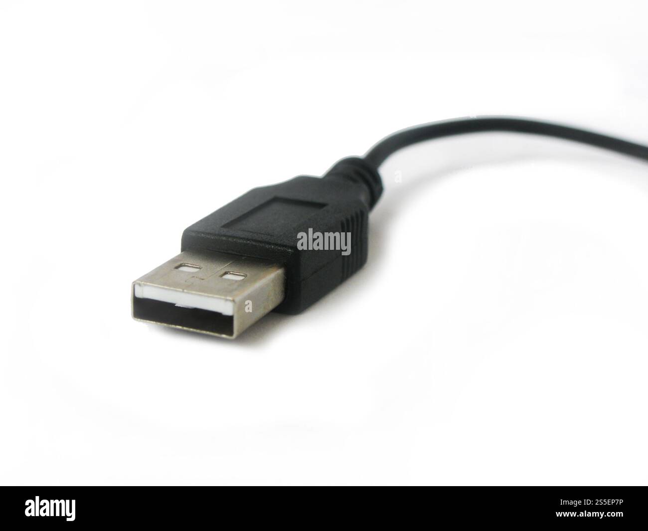 Cavo di uscita USB (Universal Serial Bus) standard nero isolato su sfondo bianco. Cavo di uscita USB standard nero isolato su bianco Foto Stock