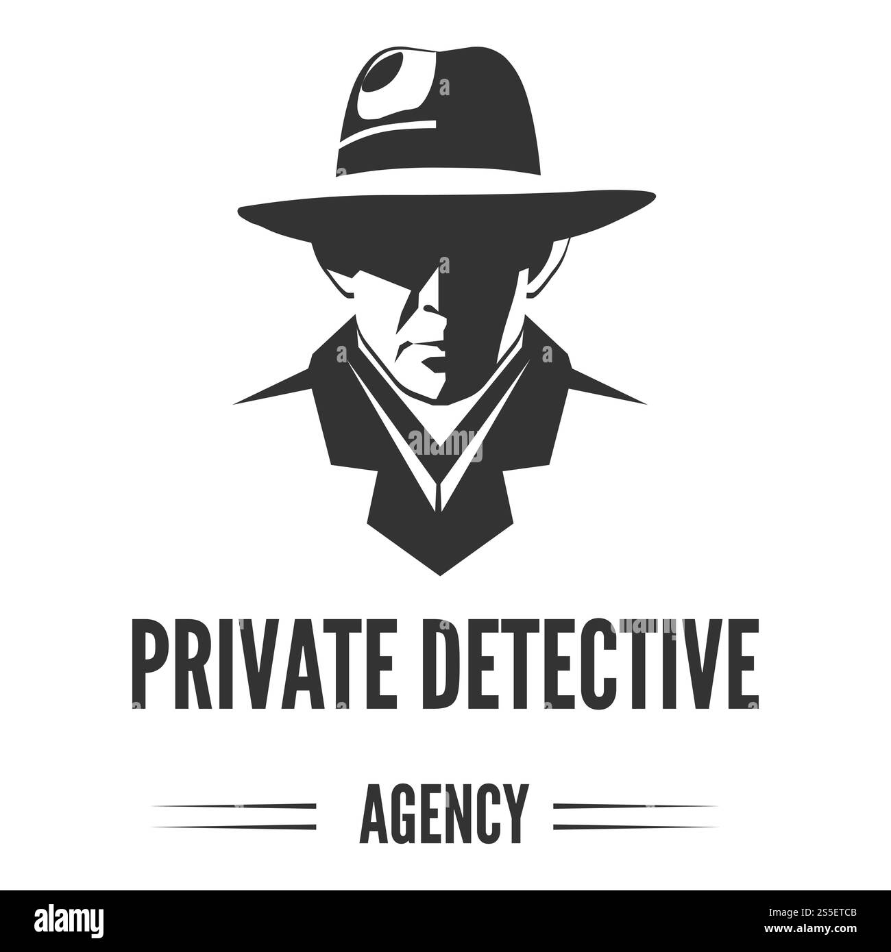 Logo investigativo privato di uomo vettoriale in cappello per l'agenzia di servizi investigativi o agente segreto di spionaggio su sfondo bianco. Logo investigativo privato dell'uomo vettoriale in cappello per l'agenzia di servizi investigativi Illustrazione Vettoriale