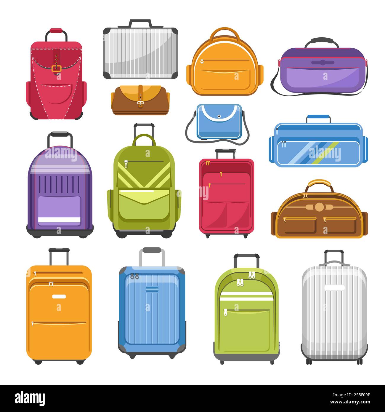 Borse diversi modelli di borsa da viaggio, borsa o zaino e zaino scolastico o borsa di moda donna e valigia da lavoro o valigia e borsa sportiva. Set di icone isolate piatte cartoni animati vettoriali. Borse diversi modelli di borse da viaggio Illustrazione Vettoriale