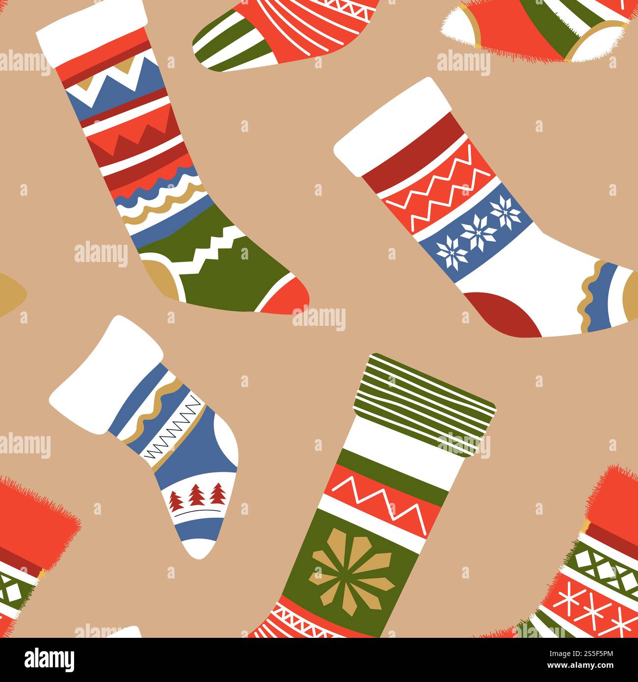 Calze calde lavorate a maglia con diversi ornamenti ed elementi vettoriali. Modello di abbigliamento senza cuciture in inverno, simboli natalizi delle feste natalizie. Abiti per regali ripieni, ornamenti floreali ornamentali. Calze calde lavorate a maglia con ornamenti ed elementi diversi Illustrazione Vettoriale