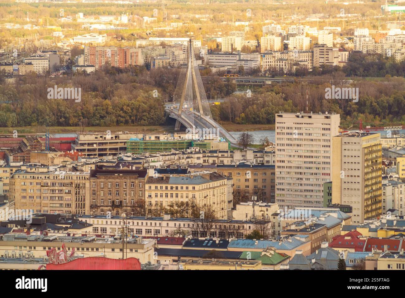 Vista aerea del paesaggio urbano di Varsavia con case e il ponte Swietokrzyski con vegetazione che circonda la città, Polonia Foto Stock