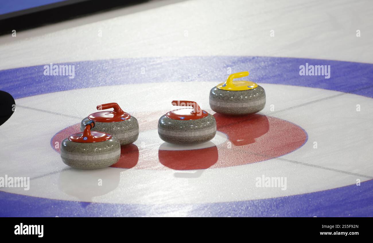 Torino, Italia. 14 gennaio 2025. Pietre durante i Giochi Mondiali universitari della FISU, Curling semi Final tra Italia e Grait Britain il 14 gennaio 2025 a Palatazzoli, Torino. Crediti: Nderim Kaceli/Alamy Live News Foto Stock