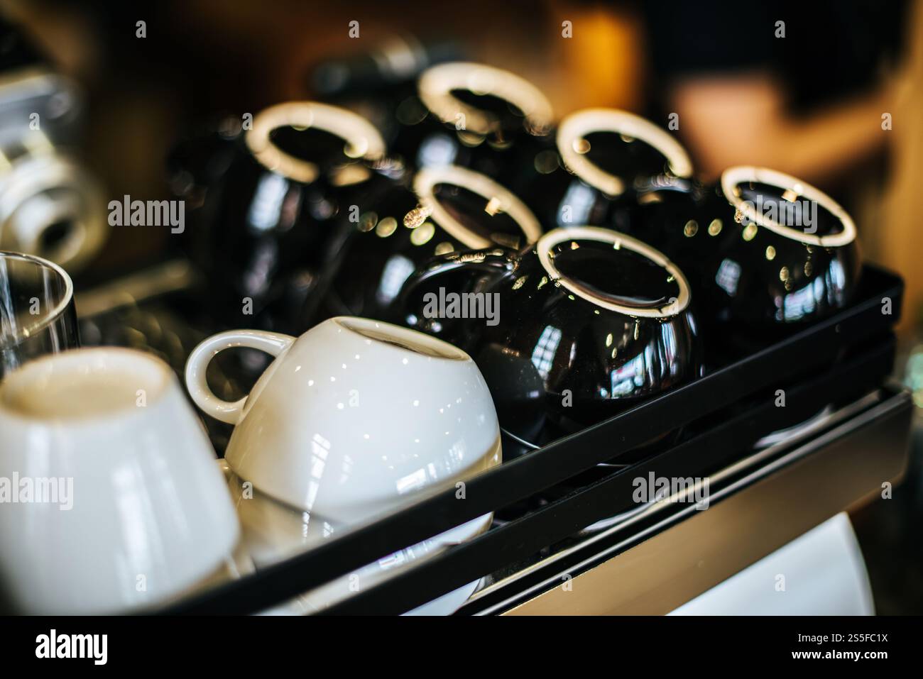 Tazze da caffè vuote disposte sul bancone della caffetteria Foto Stock