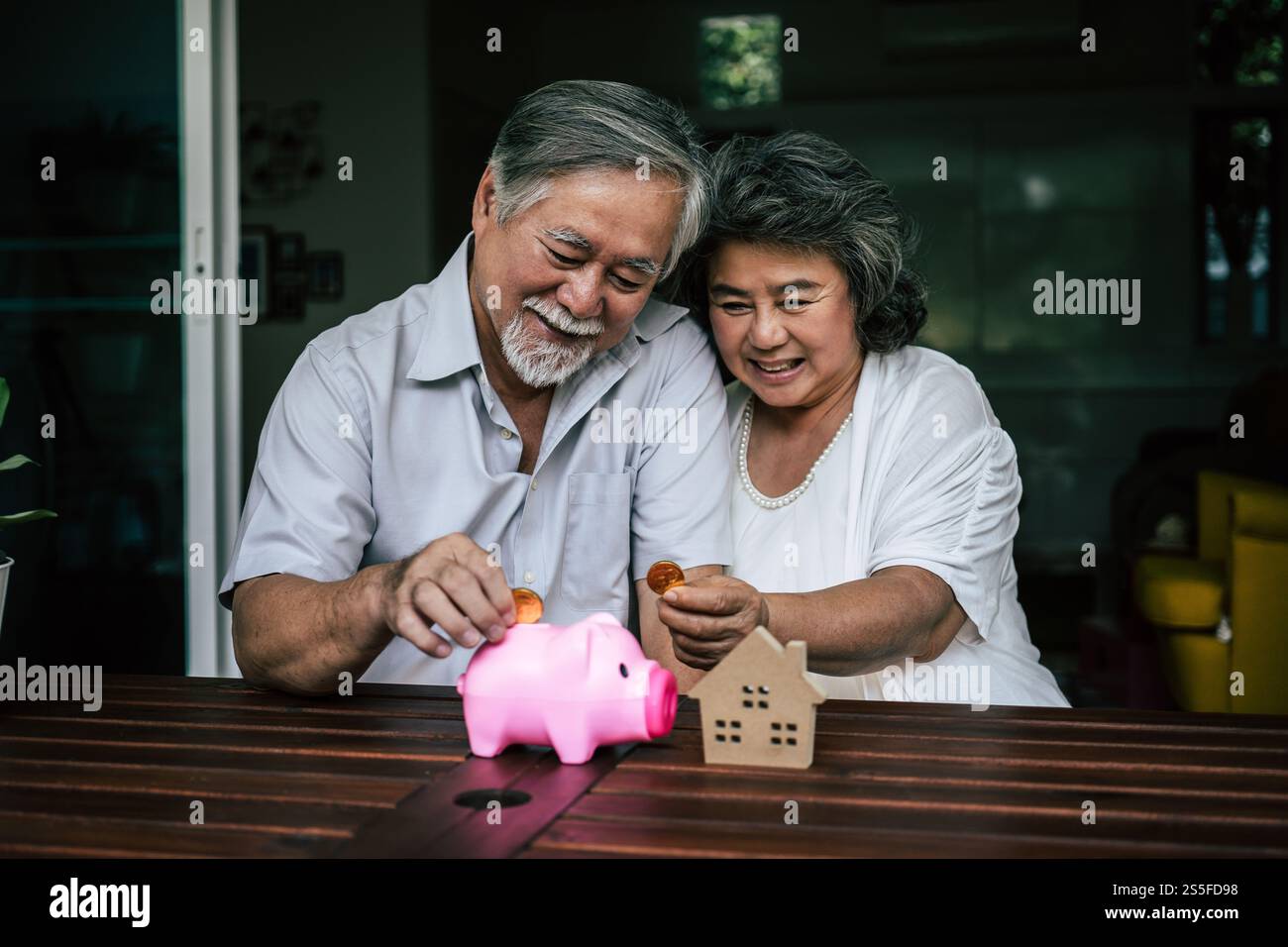 Coppie anziane che parlano di finanza con salvadanaio Foto Stock