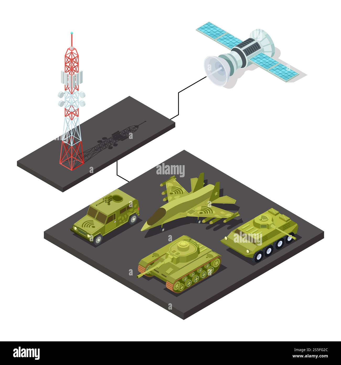 Moderno telecomando di apparecchiature militari con illustrazione vettoriale isometrica wi-fi. Controllo remoto di attrezzature militari con wi-fi Illustrazione Vettoriale