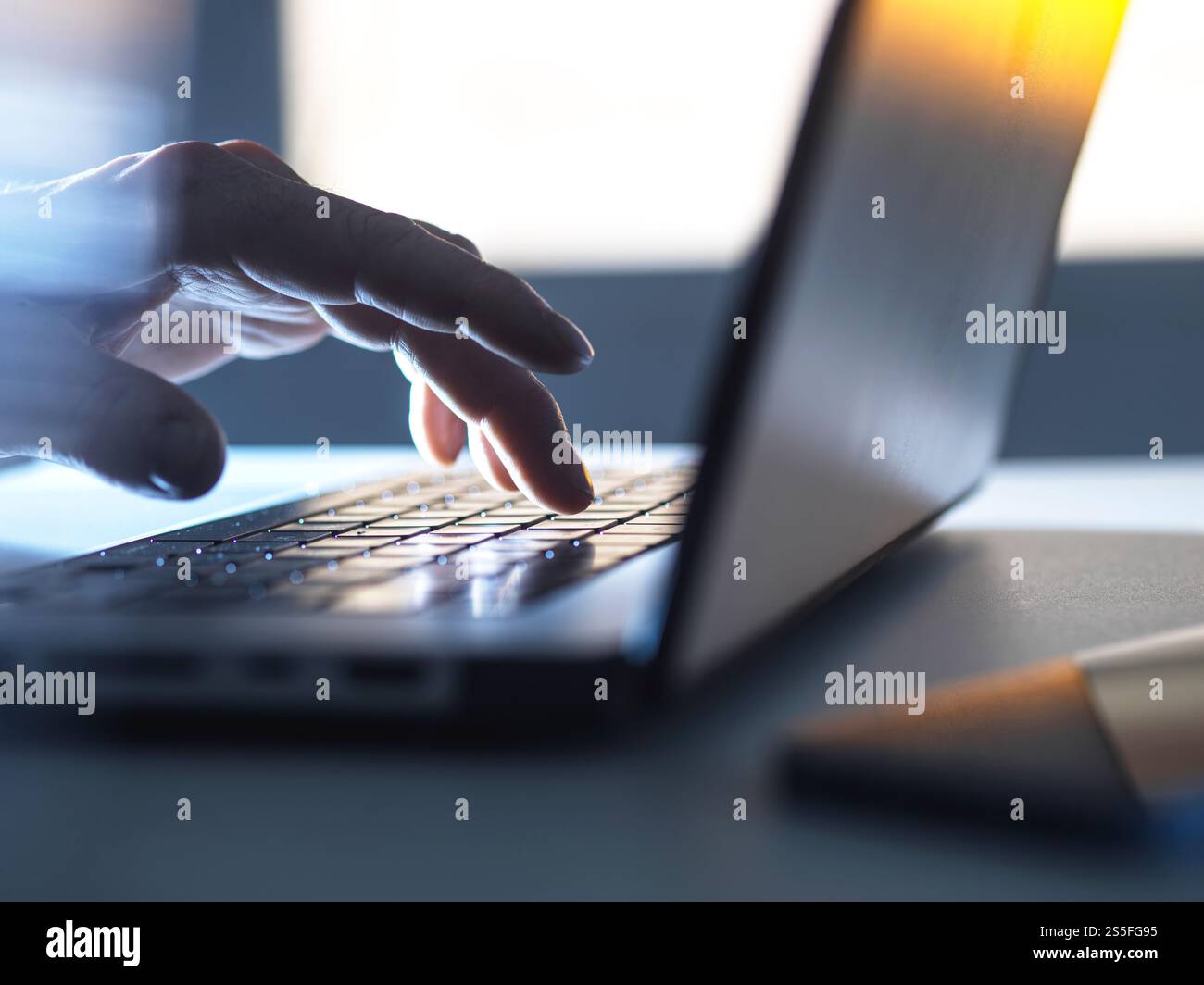 Uomo che lavora online sul suo computer portatile con la luce del sole che entra dalla finestra Foto Stock