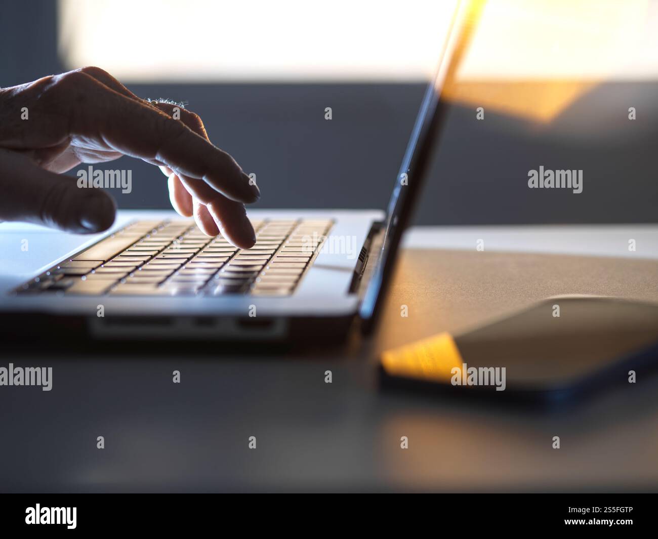 Uomo che lavora online sul suo computer portatile con la luce del sole che entra dalla finestra Foto Stock