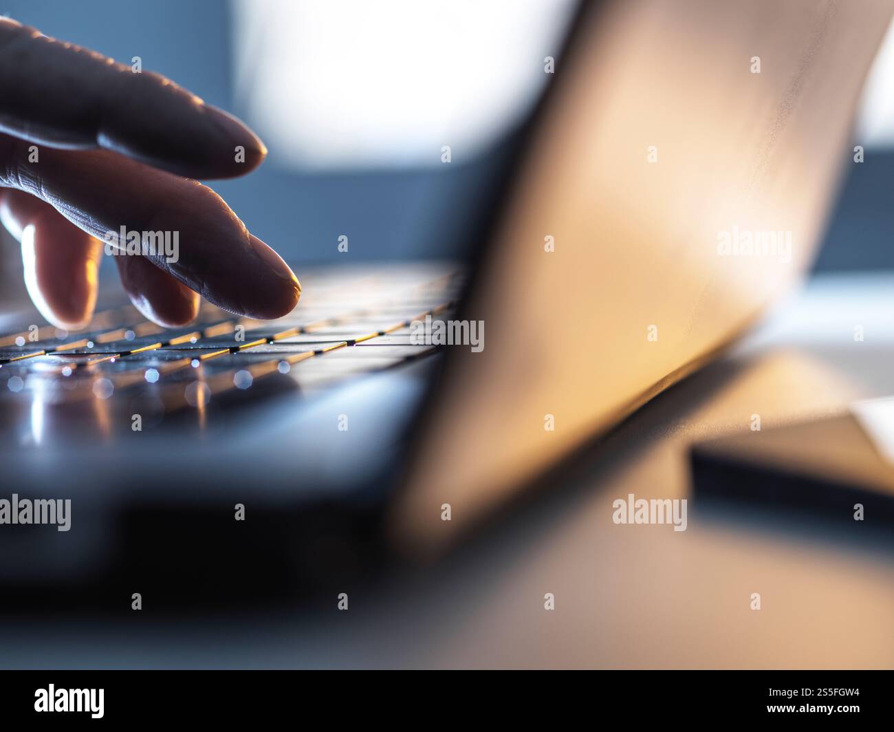 Uomo che lavora online sul suo computer portatile con la luce del sole che entra dalla finestra Foto Stock