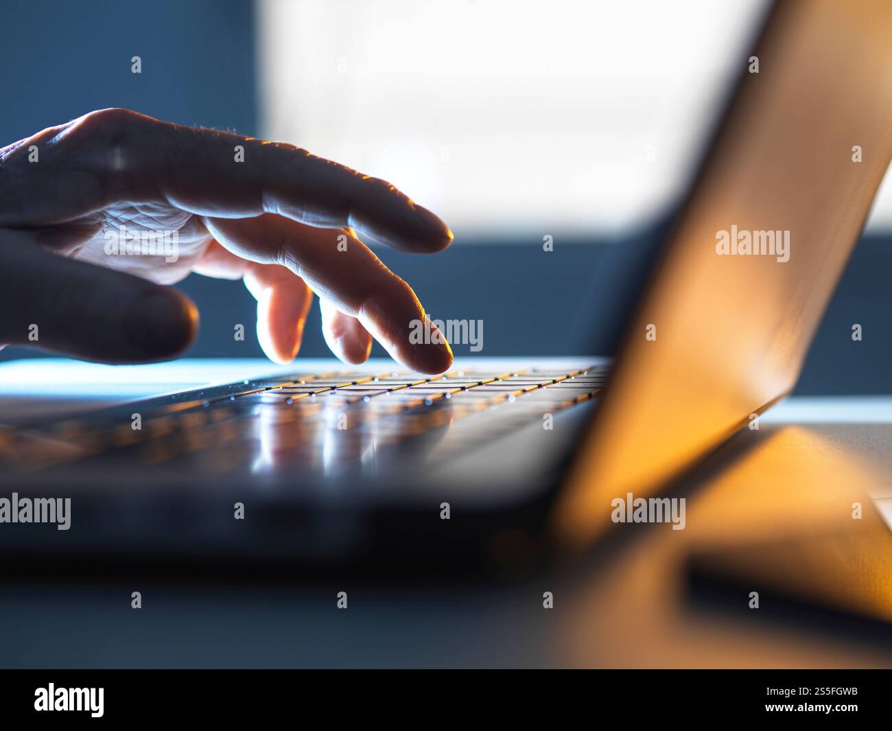 Uomo che lavora online sul suo computer portatile con la luce del sole che entra dalla finestra Foto Stock