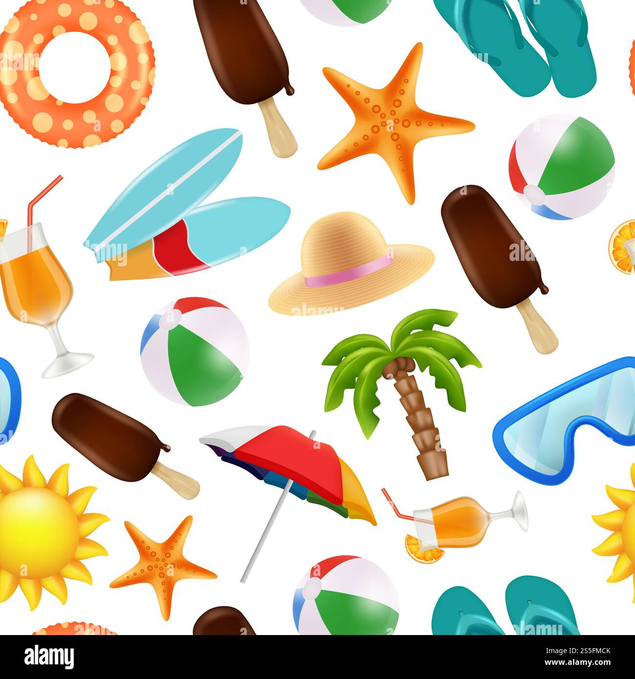 Motivo estivo senza cuciture. Vari simboli dell'ora legale. Viaggi vettoriali e vacanze estive, cocktail con stelle marine e illustrazione della palla. Motivo estivo senza cuciture. Vari simboli dell'ora legale Illustrazione Vettoriale