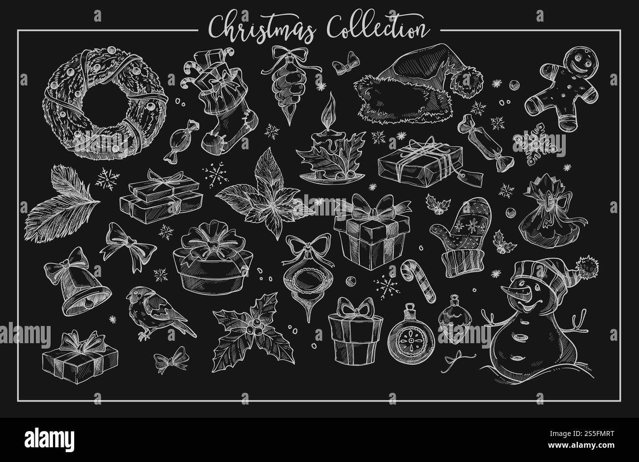 Collezione natalizia di elementi tradizionali simbolici contorno monocromatico vettoriale. Corone rnate con candela, uccellino e cappello di Santas, dolci caramelle e guanciali di lana caldi. Collezione natalizia di elementi tradizionali simbolici contorno monocromatico vettoriale. Illustrazione Vettoriale