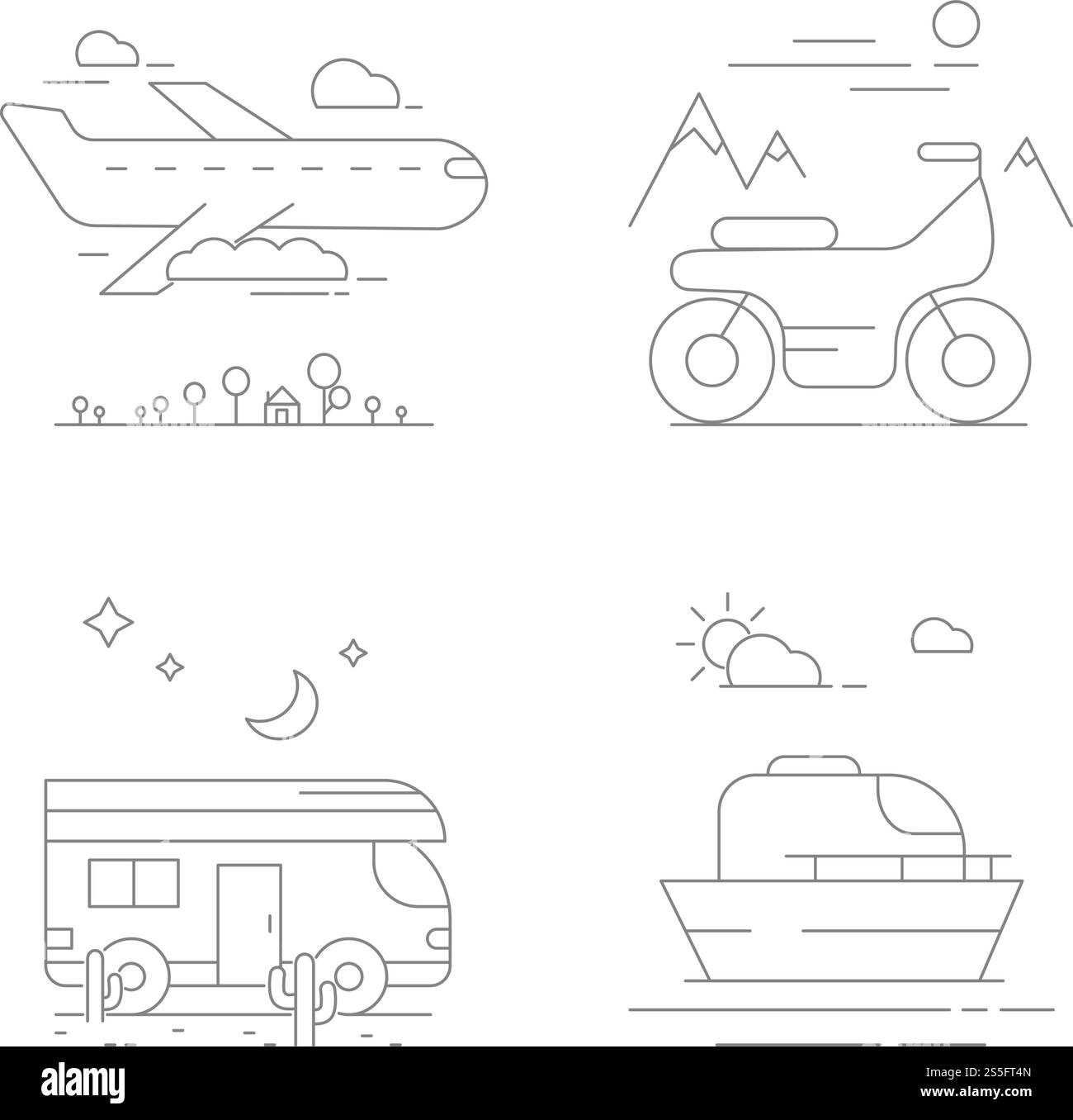 Icone del trasporto urbano. Composizioni vettoriali con trasporto. Autobus e aeroplani, aerei e navi. Icone del trasporto urbano. Composizioni vettoriali con trasporto Illustrazione Vettoriale