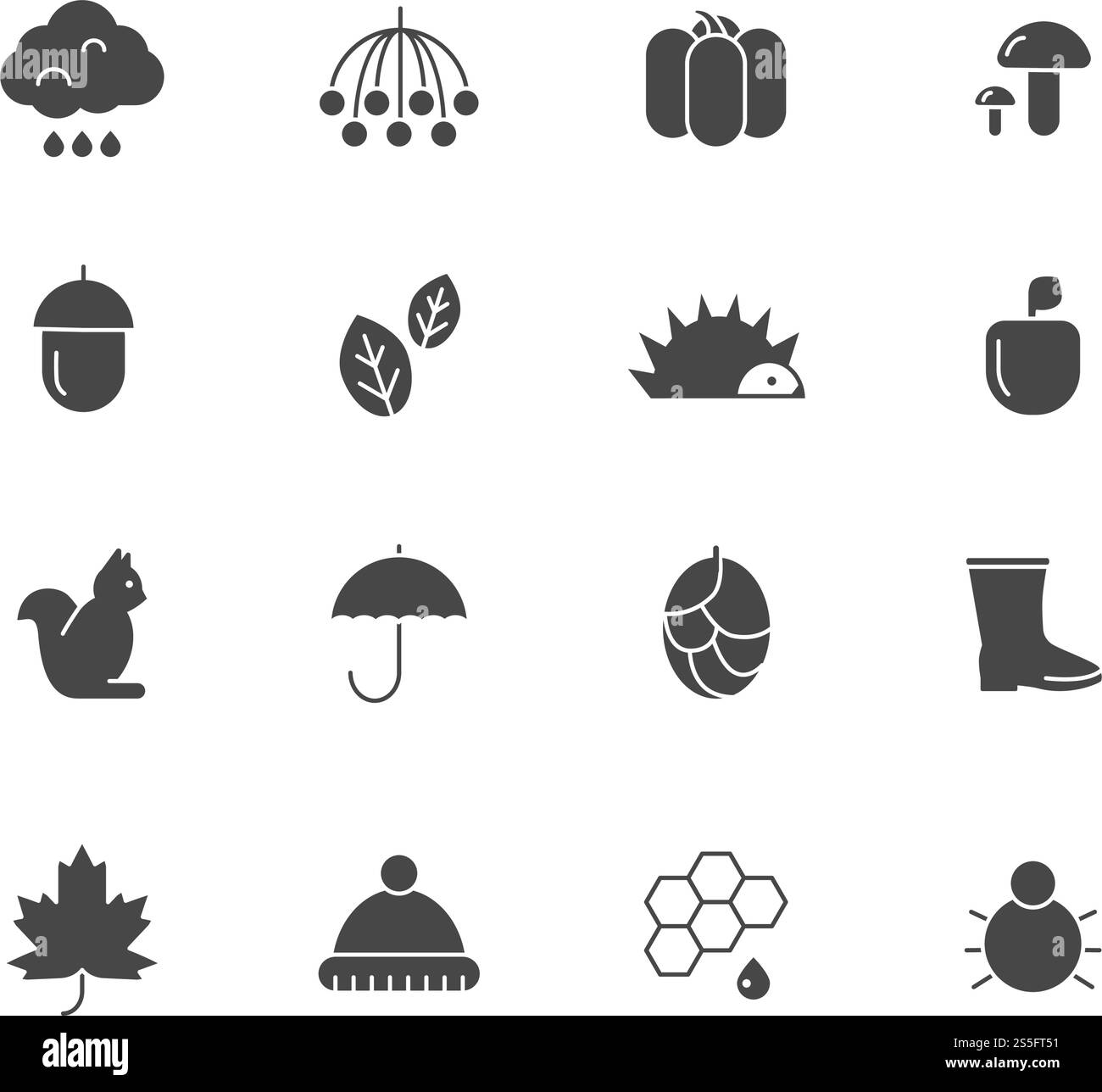 Icone nere autunnali. Varie sagome dei simboli autunnali. Autunno Vector, foglie d'albero, rowan e fogliame, zucca monocromatica nera e illustrazione a ombrello. Icone nere autunnali. Varie sagome dei simboli autunnali Illustrazione Vettoriale