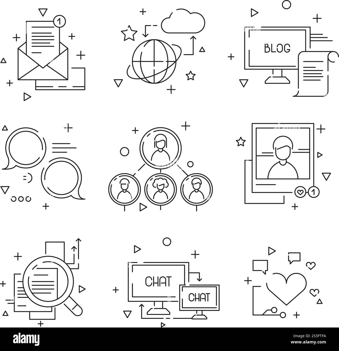 Icona dei social media. Community Web persone simboli di gruppo che imparano a parlare foto avatar immagini lineari impostate isolate. Immagine della rete Internet Web, icona dei social media del set. Icona dei social media. Community Web persone simboli di gruppo che imparano a parlare foto avatar immagini lineari impostate isolate Illustrazione Vettoriale