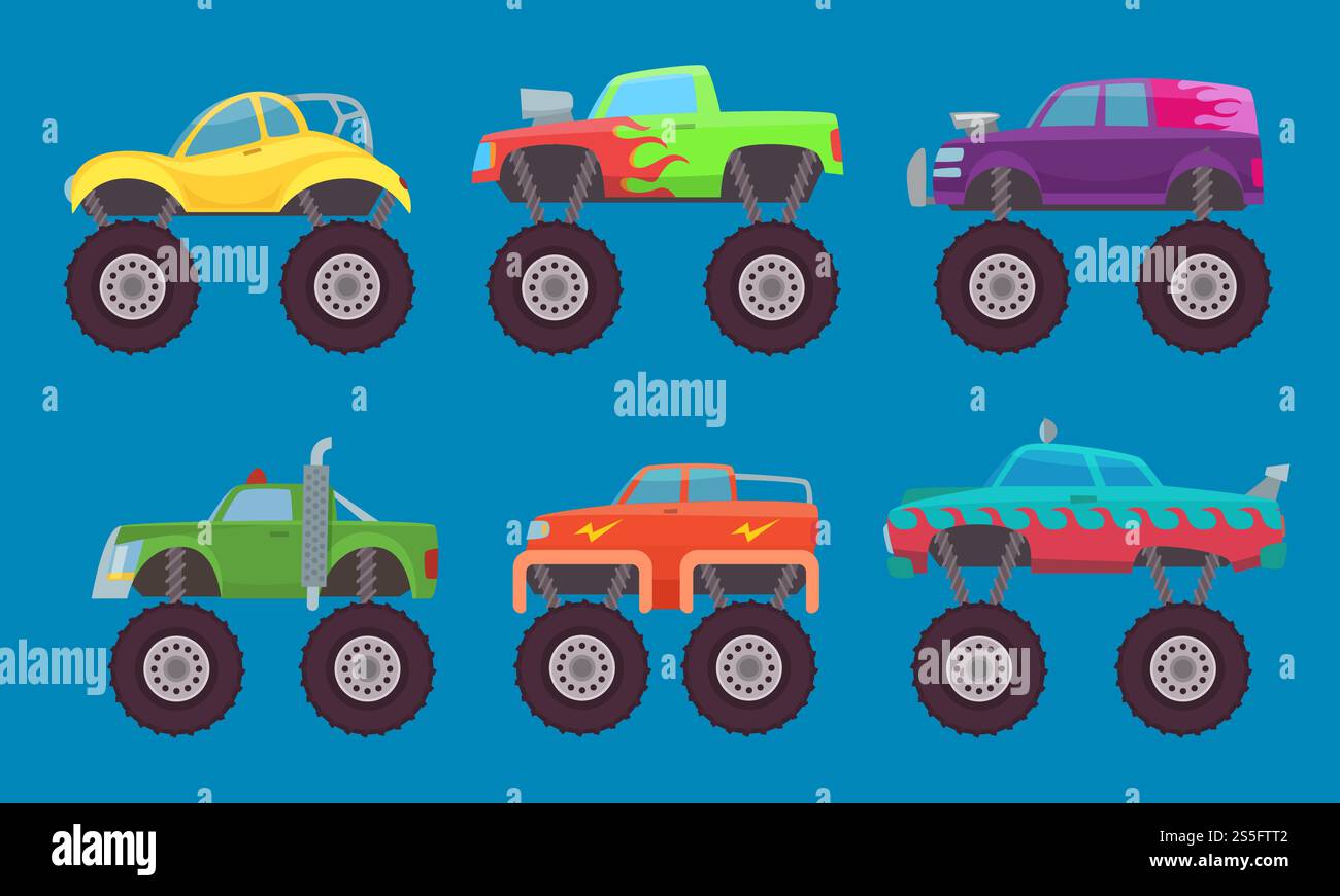 Auto monster Truck. Automobili con auto giocattolo per creatura di grandi ruote per bambini immagini vettoriali isolate. Immagine di un'auto 4x4, modello di motore giocattolo. Auto monster Truck. Automobili con auto giocattolo per creatura di grandi ruote per bambini immagini vettoriali isolate Illustrazione Vettoriale
