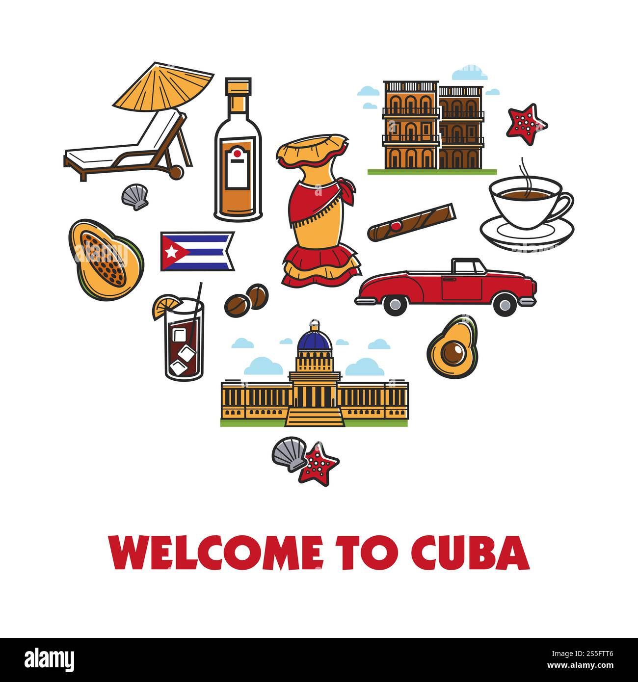 Banner promozionale cultura cubana con set di simboli nazionali. Cabriolet retrò, abito femminile, frutta esotica, caffè naturale, sigaro forte, sedia reclinabile sotto l'ombrello e illustrazioni vettoriali dei cartoni animati dell'edificio vecchio. Banner promozionale cultura cubana con set di simboli nazionali. Illustrazione Vettoriale