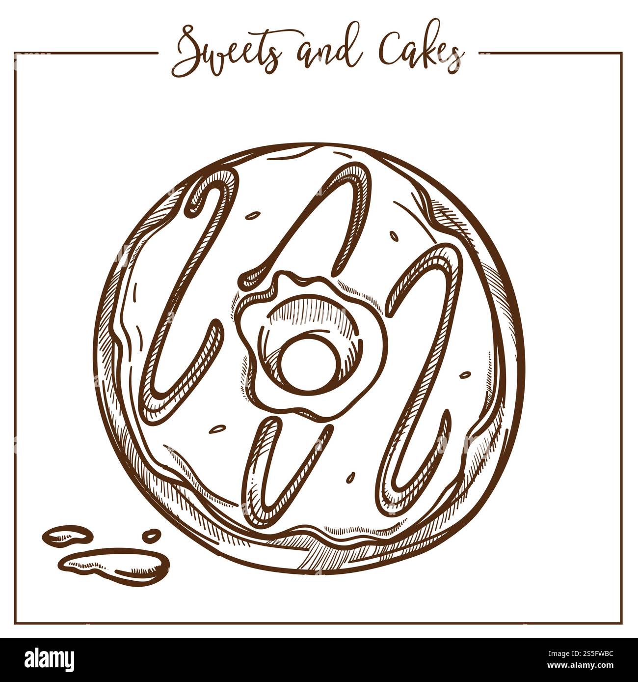 Dolci e torte, ciambelle con buco all'interno e vettoriale per la ricopertura di cioccolato. Contorno monocromatico, deliziosa porzione di dessert fatta in casa per una persona. Pasticceria con panna di zucchero, icona della pasticceria. Dolci e torte, ciambelle con buco all'interno e guarnizione di cioccolato Illustrazione Vettoriale