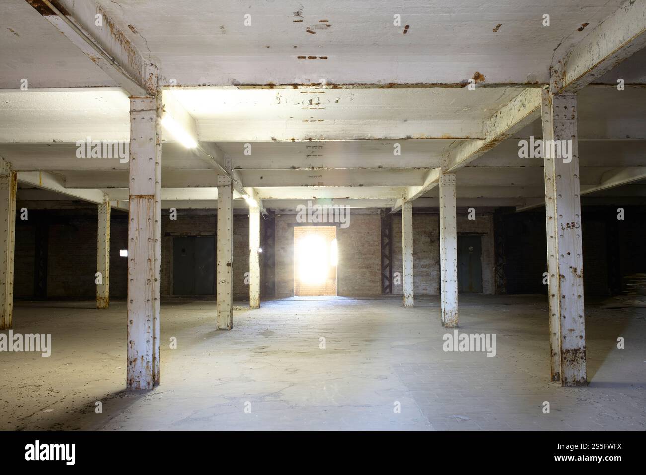 Interno di un magazzino industriale abbandonato con luce solare che scorre attraverso una porta aperta, Berlino, Germania Foto Stock
