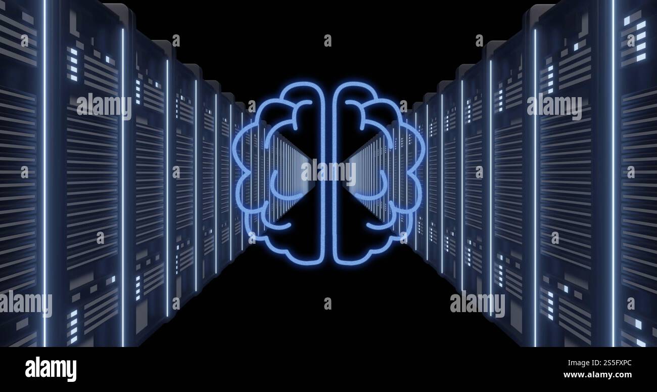 Immagine dell'elaborazione digitale dei dati dell'intelligenza artificiale e del cervello su server informatici Foto Stock